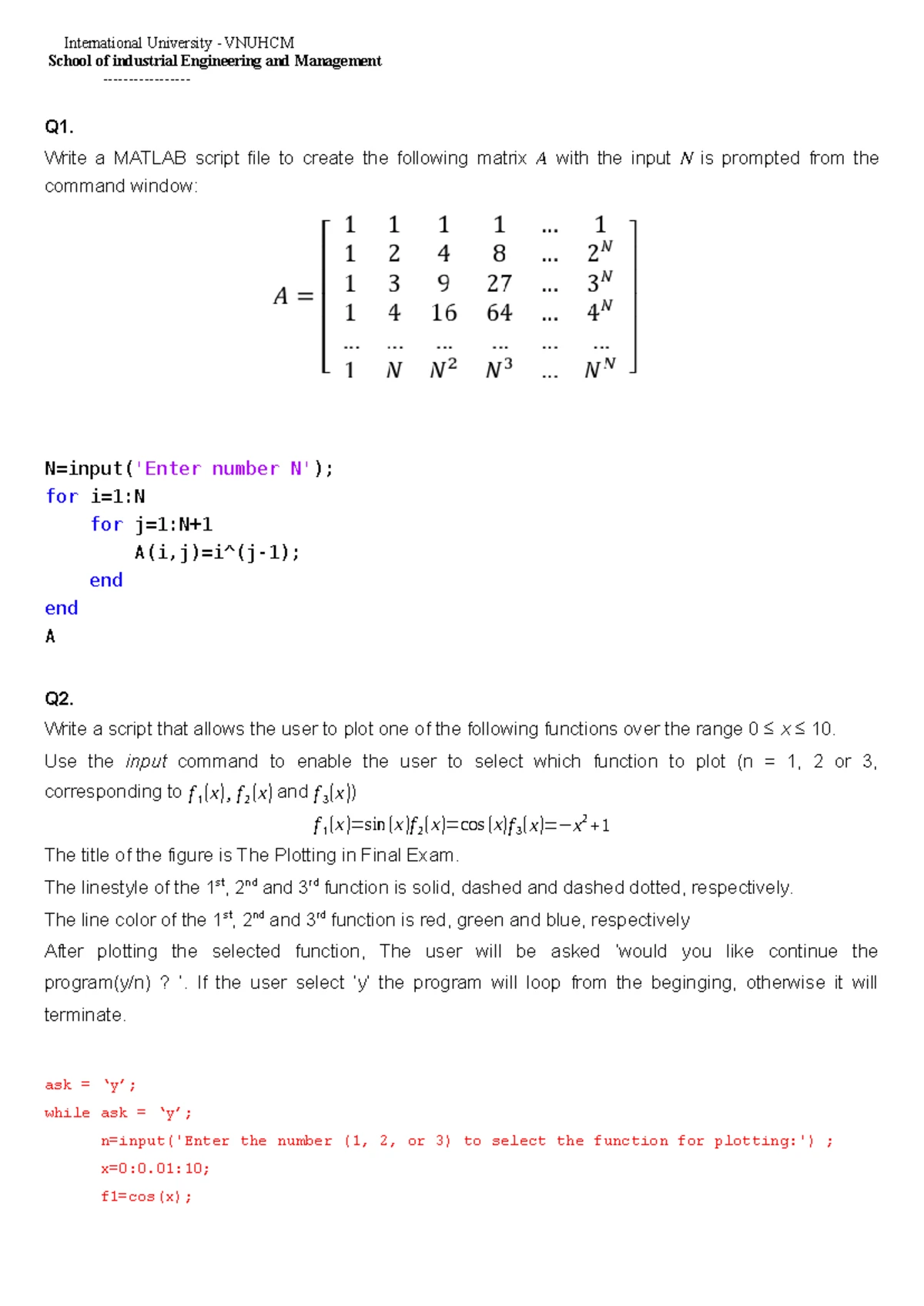 Mid-term Exam Review for MATLAB Programming Questions - Studocu
