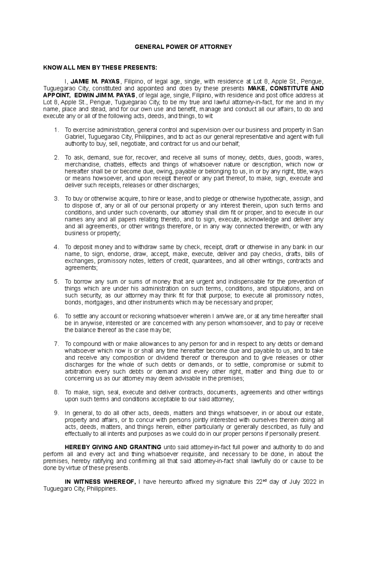 General Power of Attorney Sample Document: Legal Authority Template ...