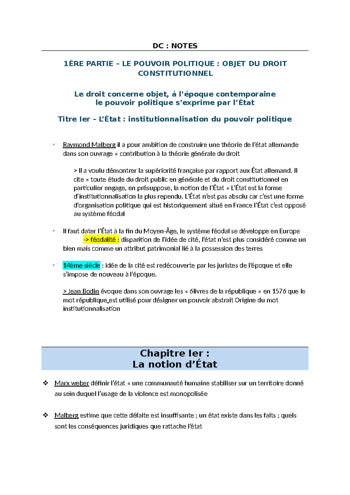 DC : Notes sur le Pouvoir Politique et le Droit Constitutionnel - Studocu