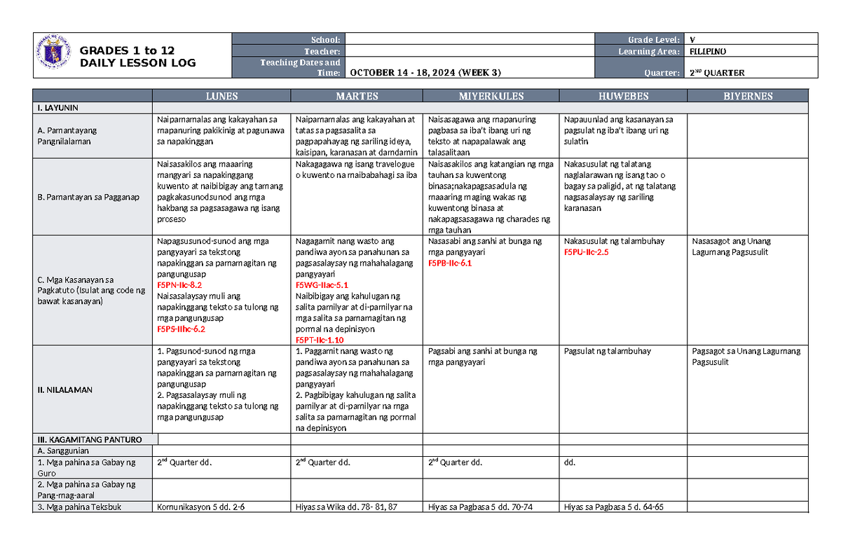 DLL Filipino 5 Q2 WEEK 3 FOR Upload - GRADES 1 to 12 DAILY LESSON LOG ...