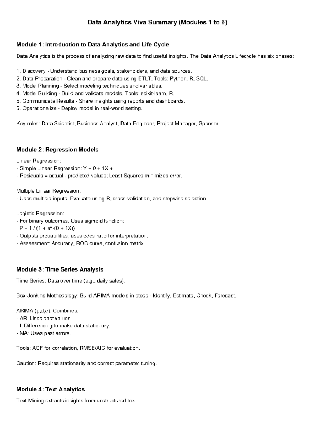 Data Analytics Viva Summary (DA101) - Modules 1 to 6 Overview - Studocu