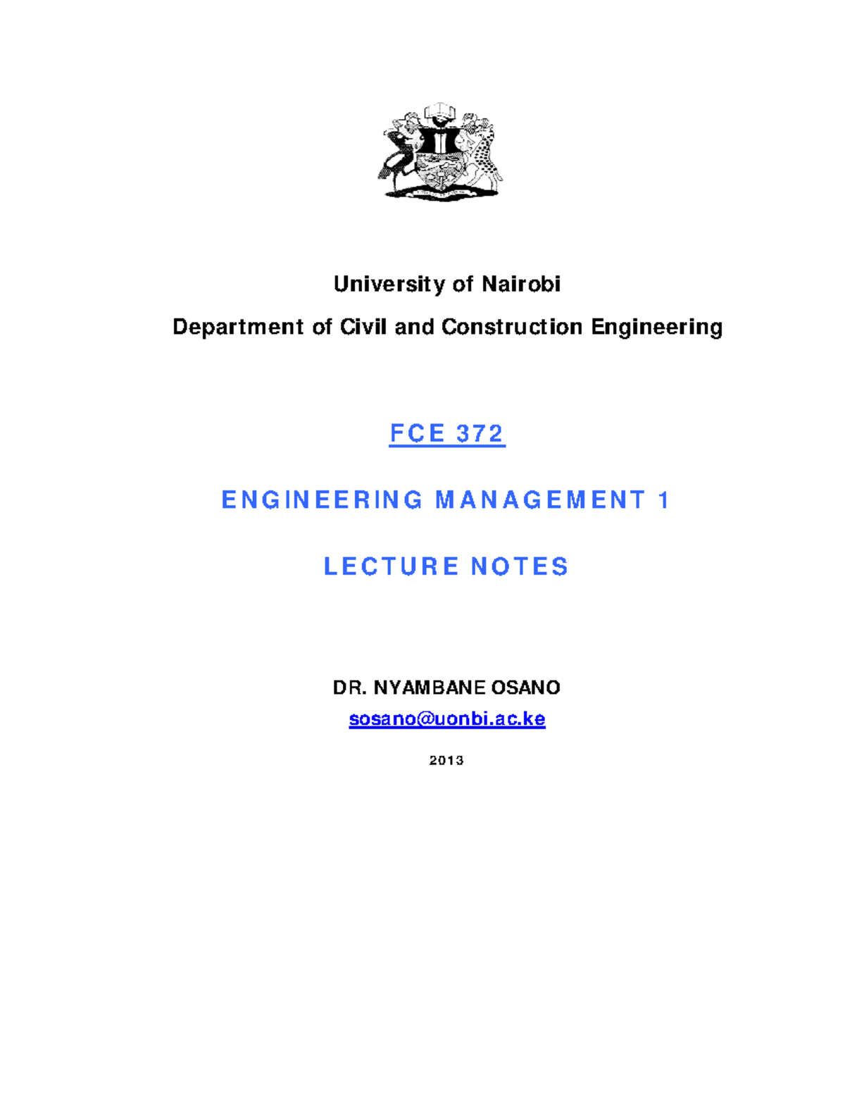 FCE 372 Engineering Management I Lecture Notes - University of Nairobi ...
