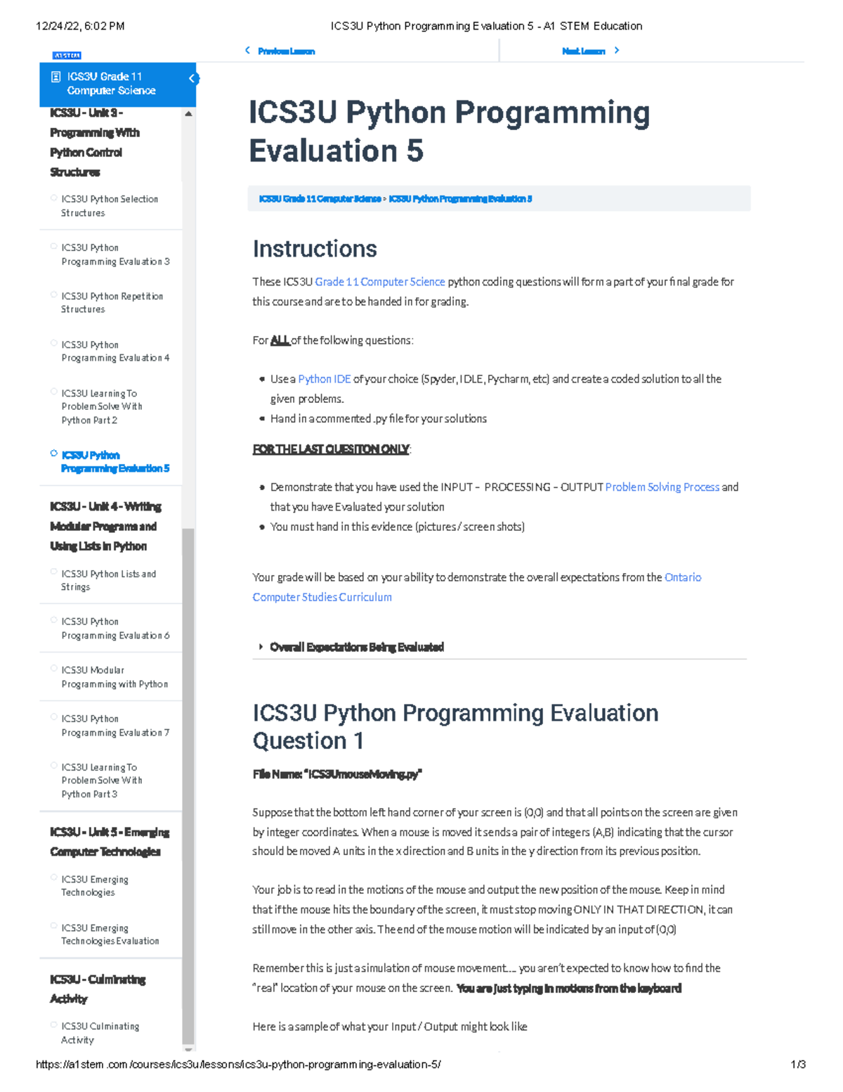 ICS3U Python Programming Evaluation 5 - Exam Notes for A1 STEM - Studocu