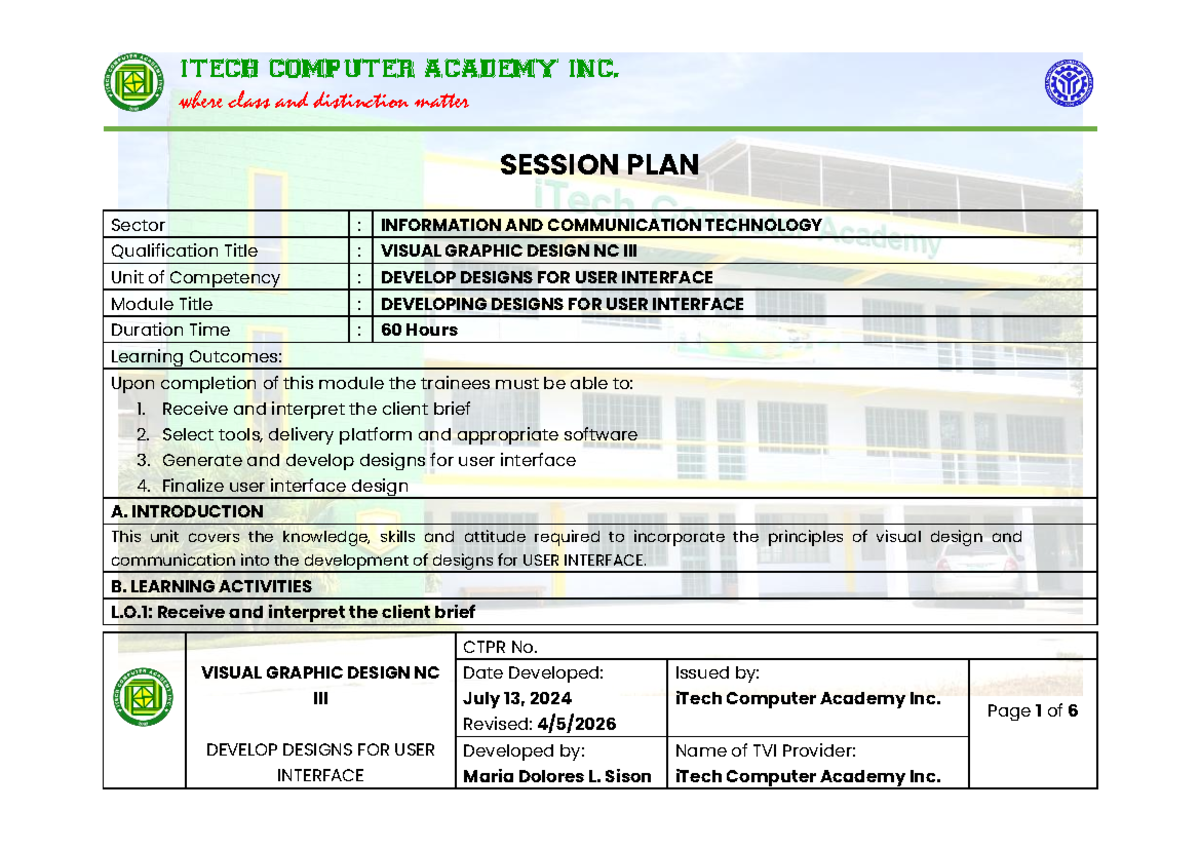 Session Plan for Visual Graphic Design NC III: User Interface Design ...