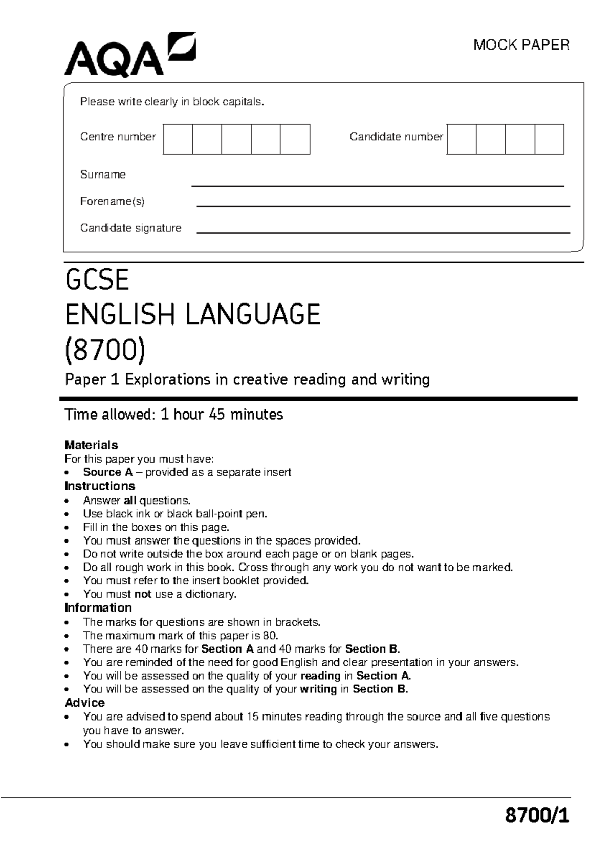 GCSE ENGLISH LANGUAGE (8700) Mock Paper 1: Creative Reading & Writing ...