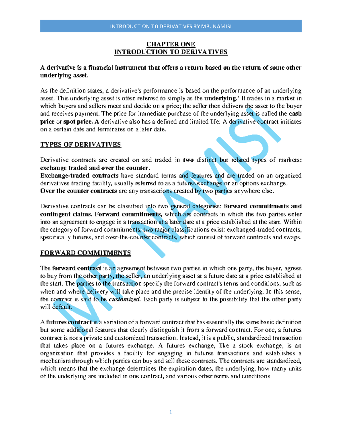 Introduction to Derivatives: Chapter 1 Overview by Mr. Namisi - Studocu