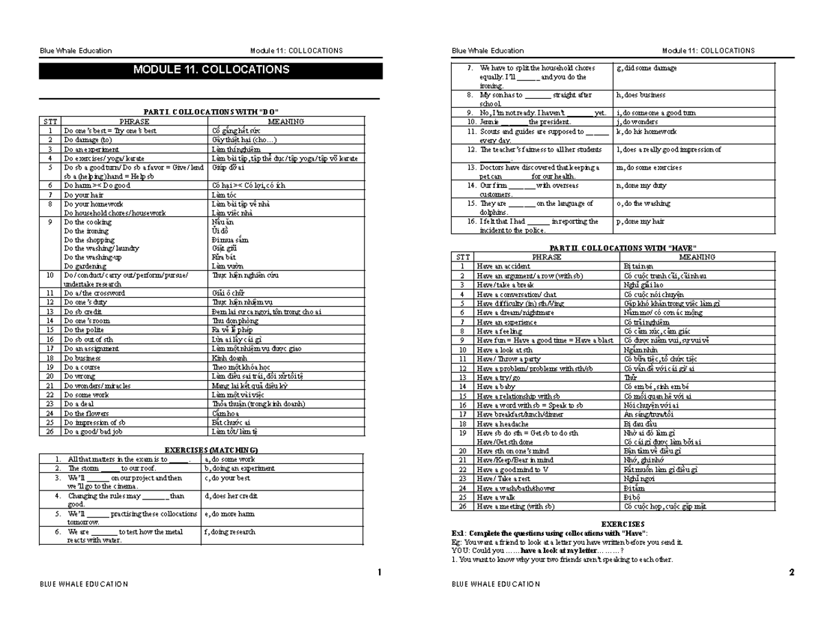 Module 11: Collocations - Blue Whale Education Study Guide - Studocu