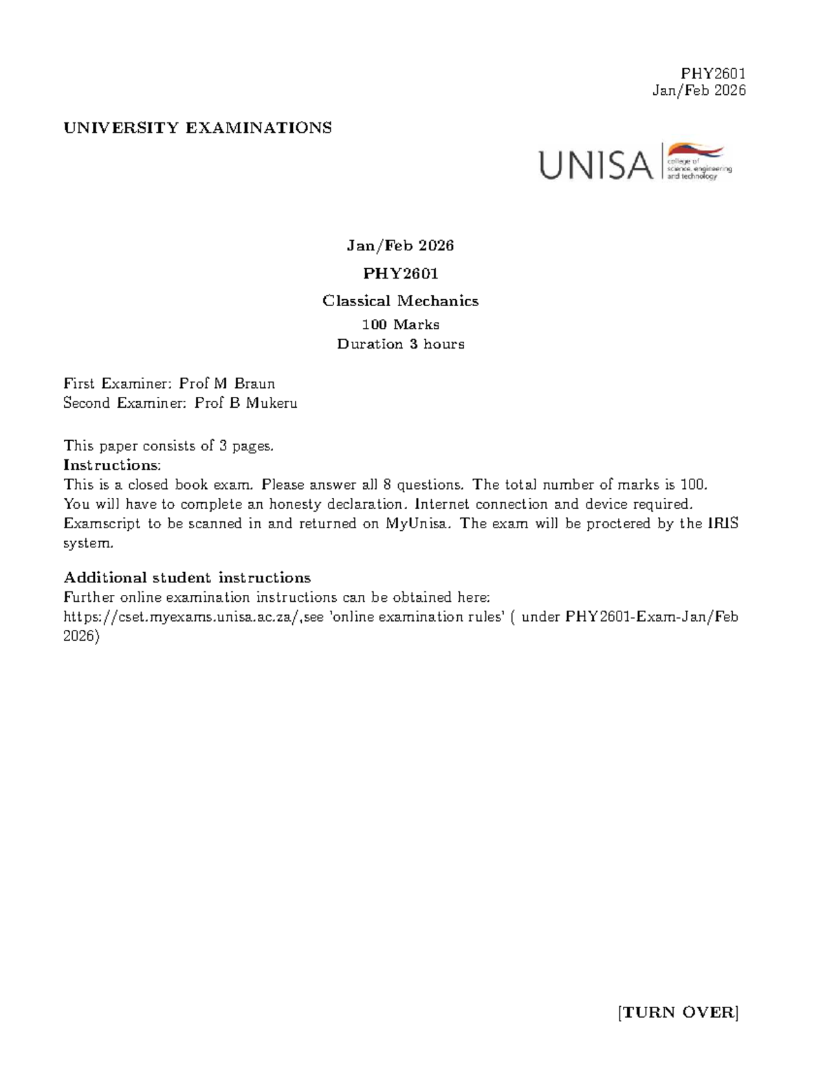 PHY2601 Final Exam Jan-Feb 2026: Classical Mechanics Overview - Studocu