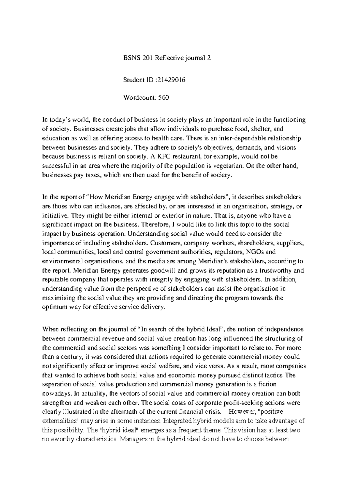 BSNS 201 Reflection Journal 2: Business & Society Impact Analysis - Studocu