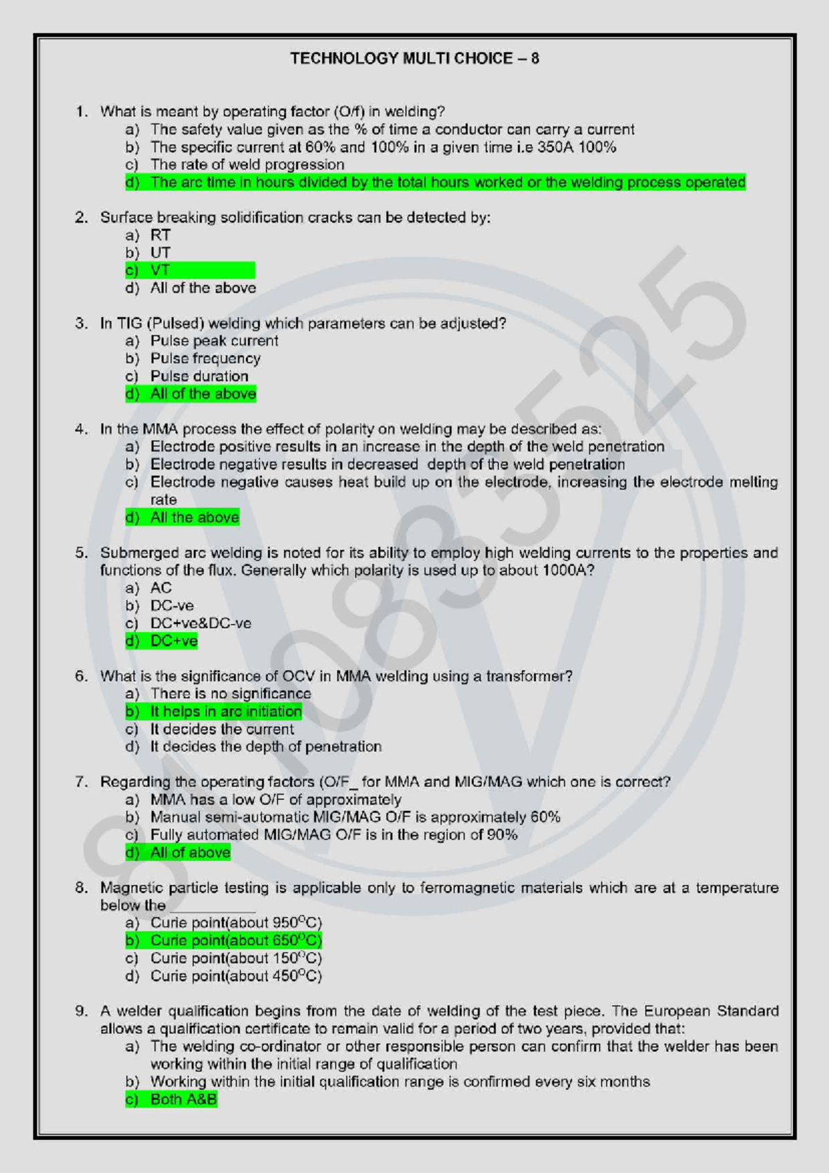 Tech 8 - Welding Inspector MCQ Study Guide (CSWIP 3.1) - Studocu