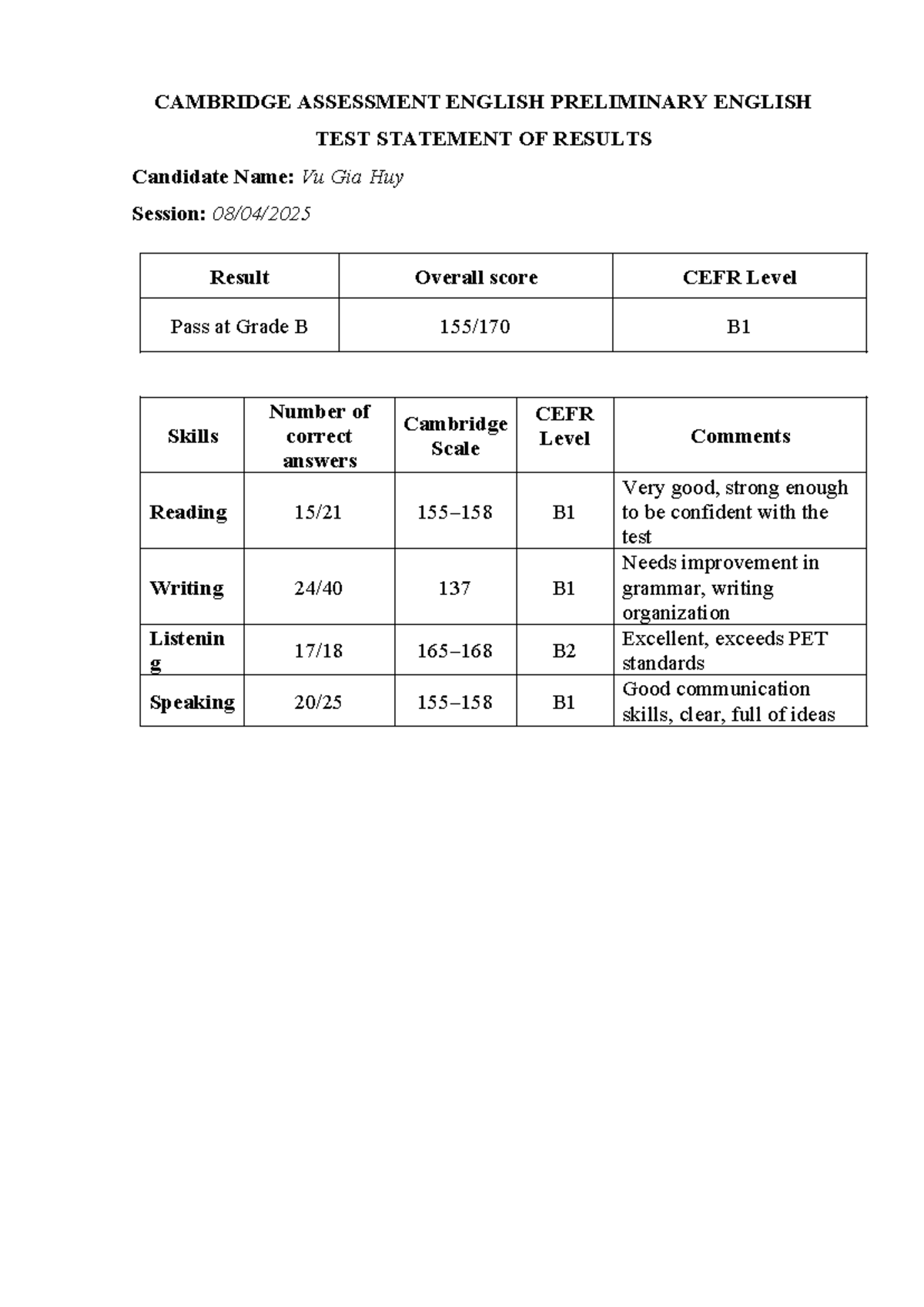 Cambridge Assessment English Preliminary English TEST Statement OF ...