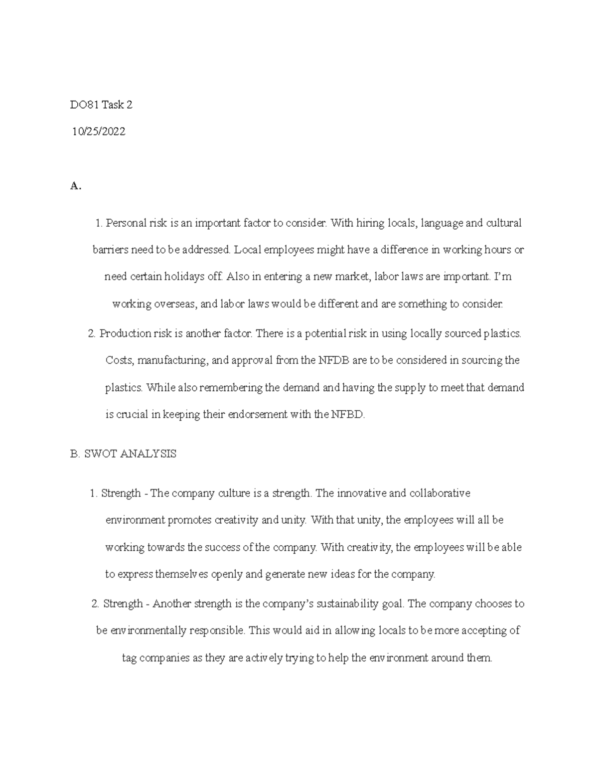 DO81 Task 2 - passes first try - DO81 Task 2 10/25/ A. Personal risk is ...
