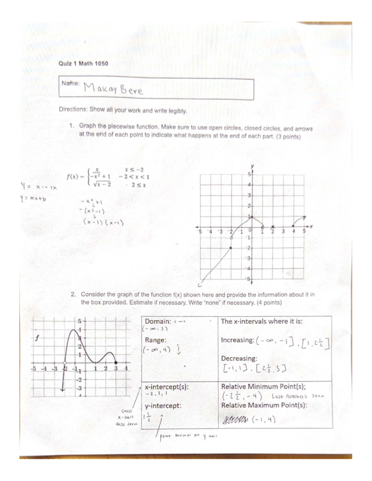 Quiz 1 Math 1050 - Piecewise Function Graphing Guide - Studocu