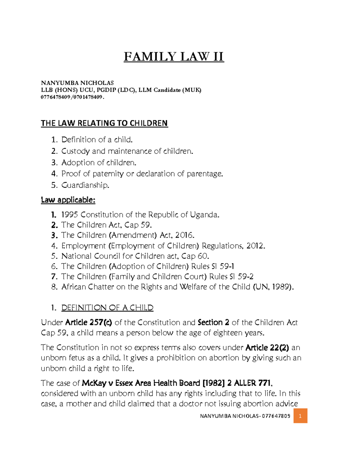 FAMILY LAW II LLB (HONS) UCU: Child Law Overview & Key Concepts - Studocu