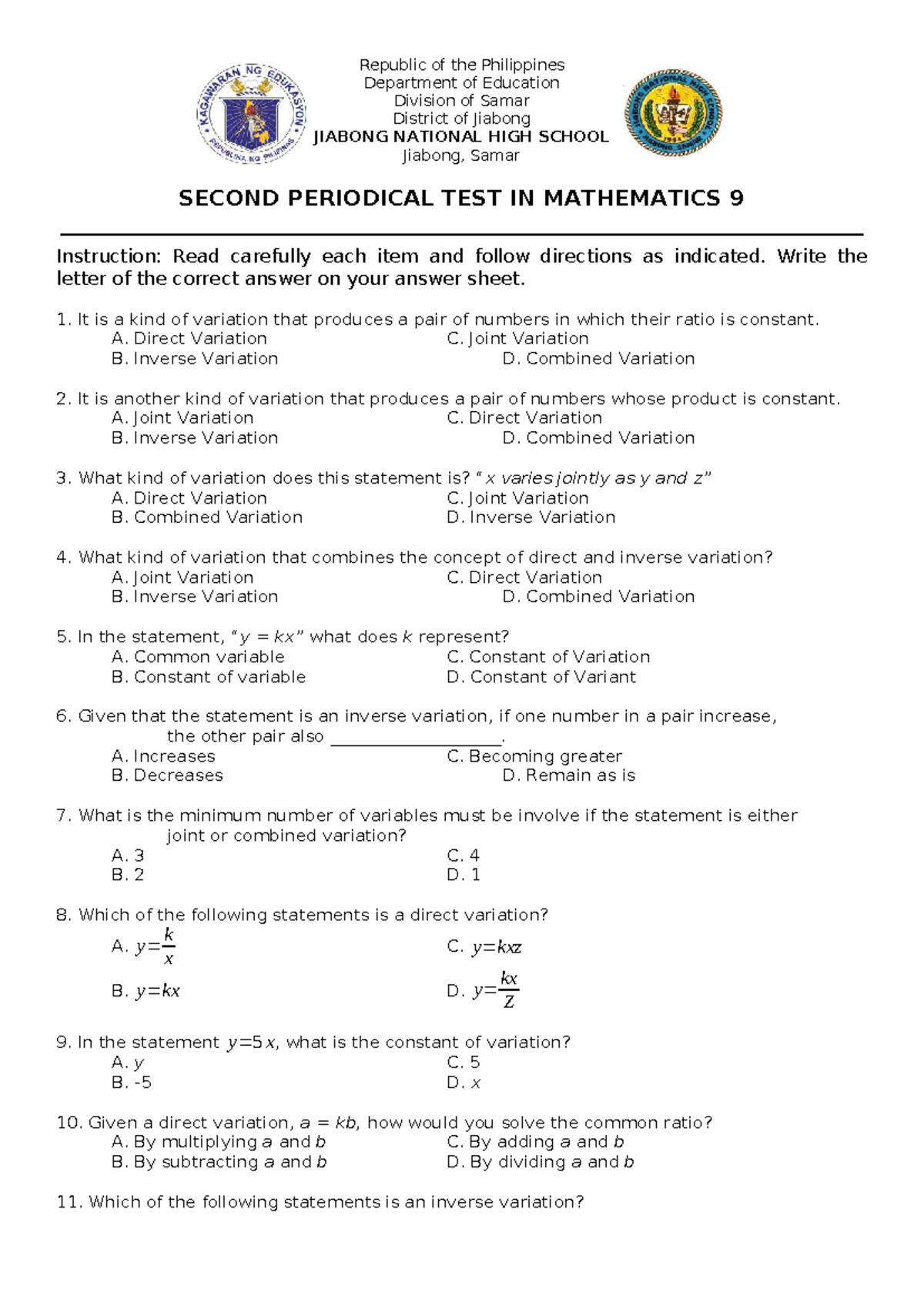 Second Periodical Test in Mathematics 9 - Studocu