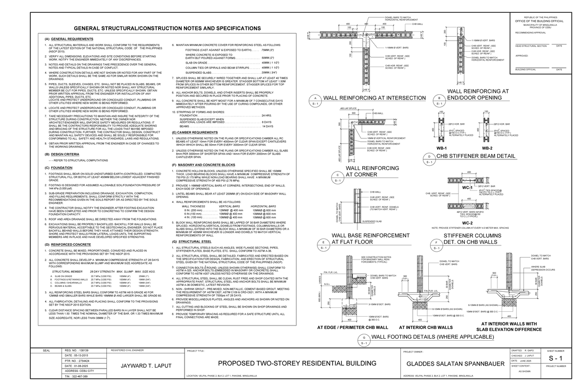 General Structural/Construction Notes and Specifications S-1 - Studocu
