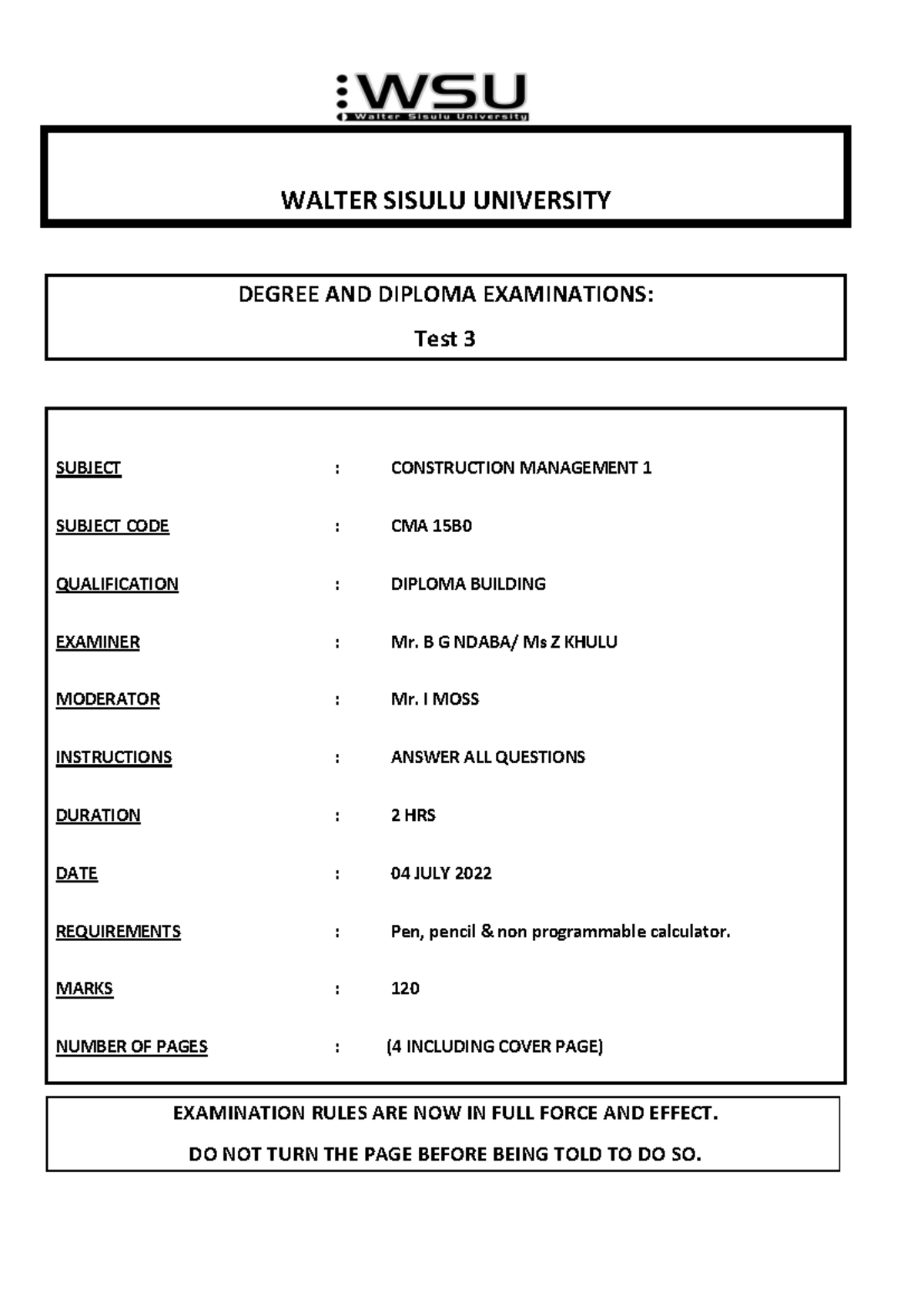CMA 15B0 Test 3: Construction Management Exam Notes 2022 - Studocu
