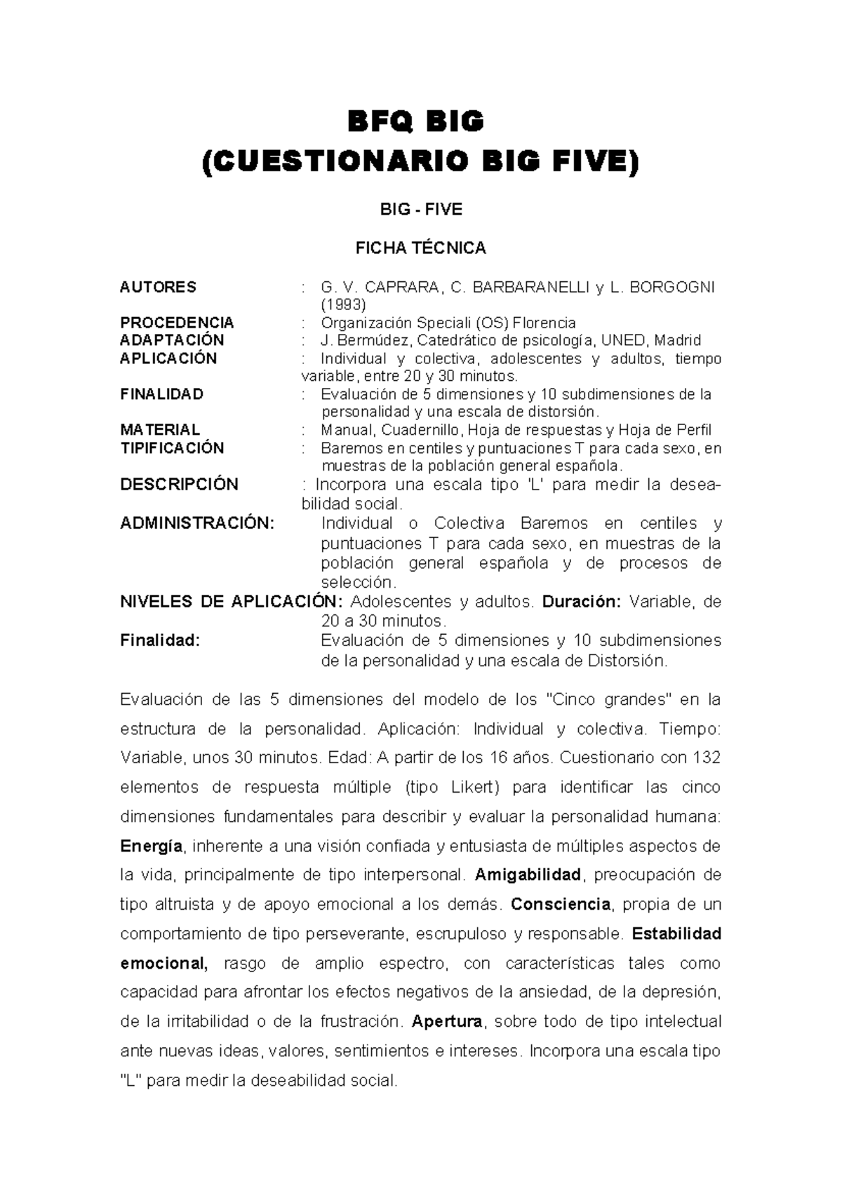 Ficha Técnica del Cuestionario BIG FIVE (BFQ) de Caprara - Studocu