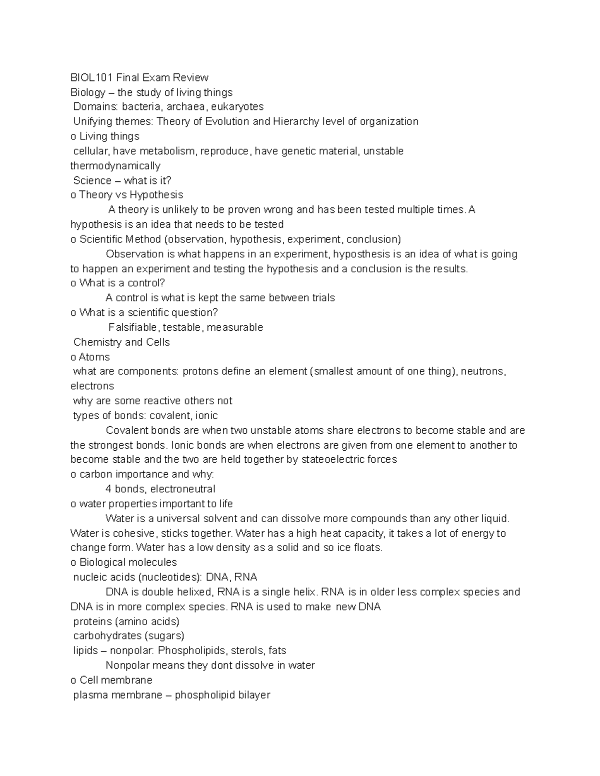 BIOL101 Final Exam Study Guide: Key Concepts and Themes - Studocu