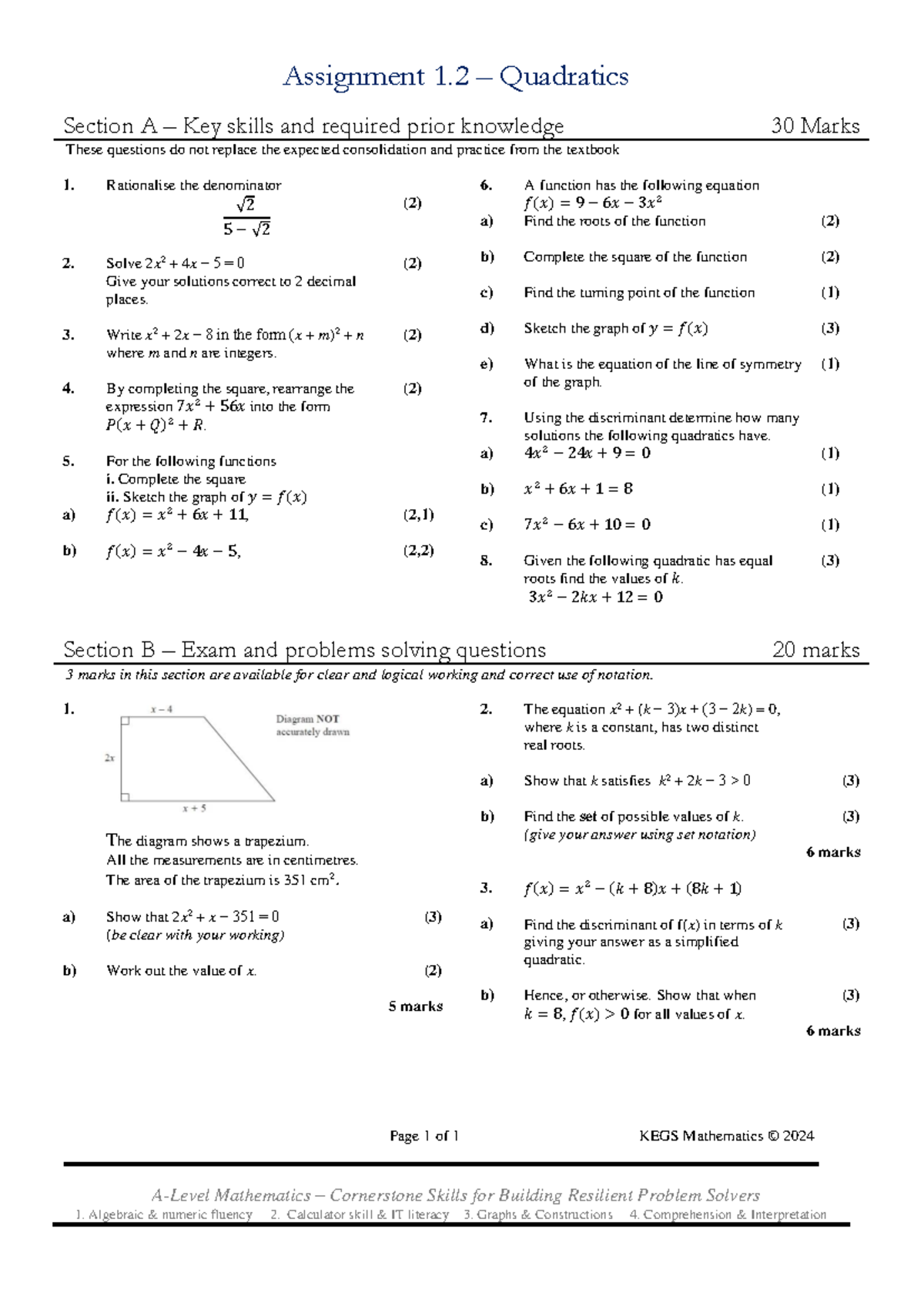 Ch 2 Quadratics HW - sdsdsd - Page 1 of 1 KEGS Mathematics © 20 24 A ...