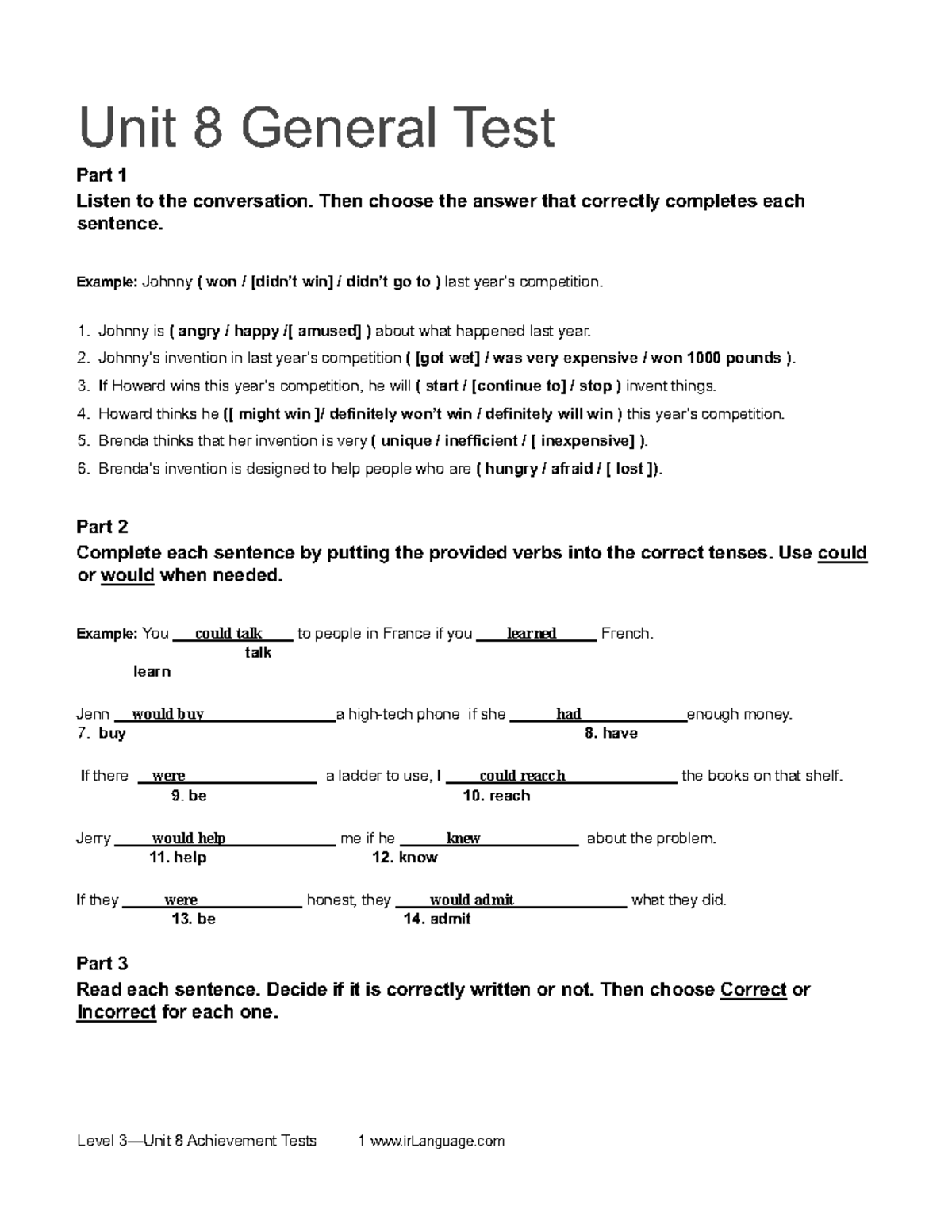 Level 8 Achievement Test: Listening, Grammar, and Writing Exercises ...