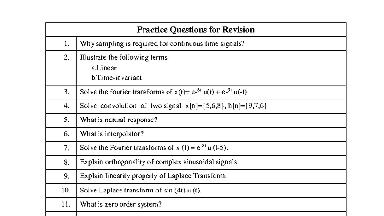 Practice Questions for Revision: Signals & Systems (Course Code) - Studocu
