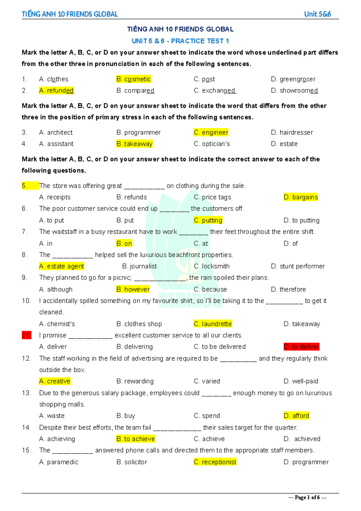 Tiếng Anh 10 Friends Global - Unit 5 & 6 - Practice Test 1 - Studocu