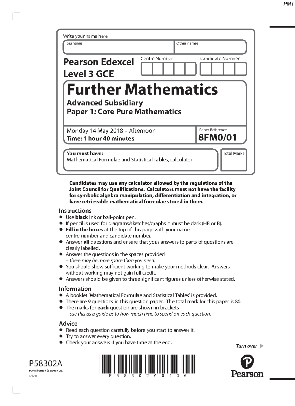 Further Mathematics AS Paper 1: Core Pure Mathematics - June 2018 QP ...