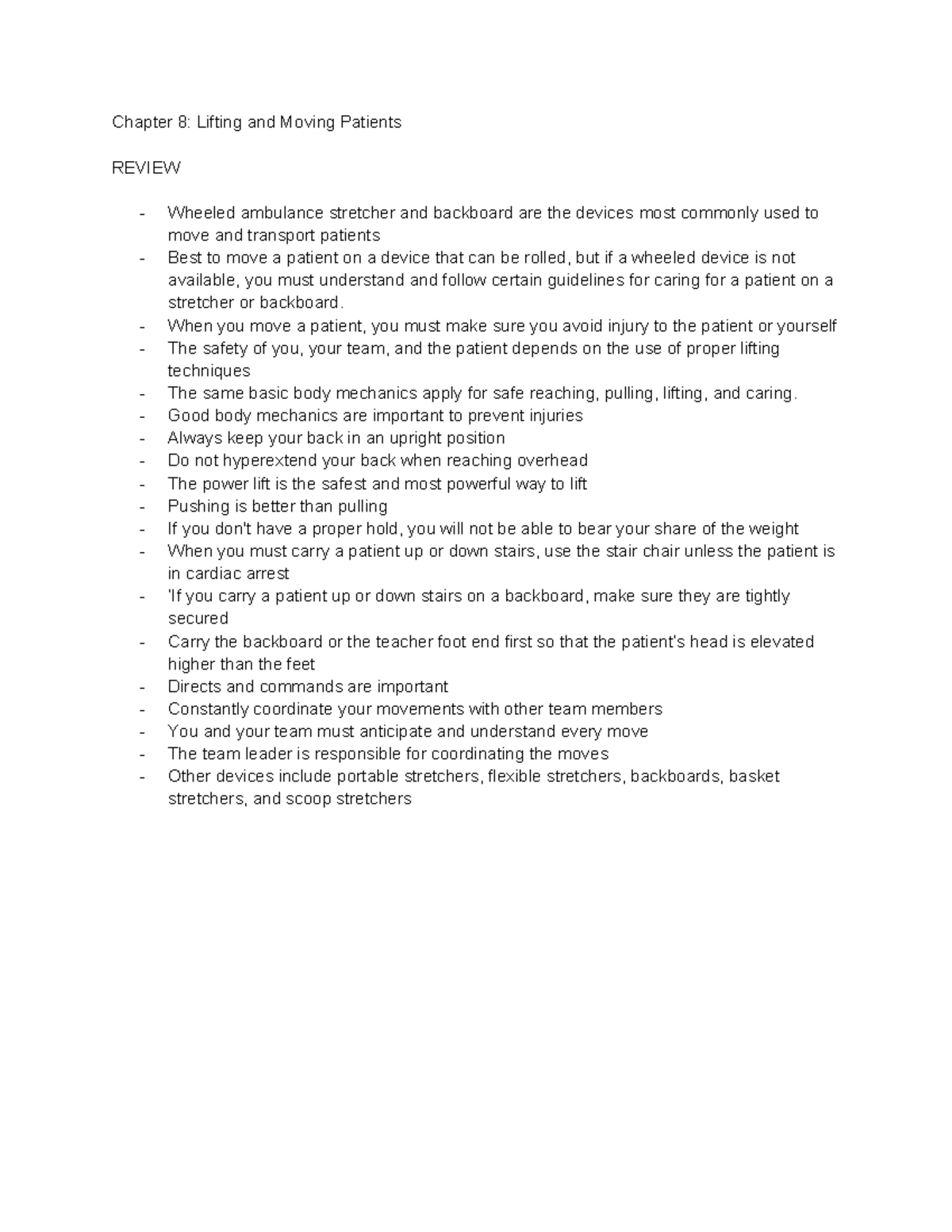 Chapter 8: Lifting and Moving Patients - Review Notes - Studocu