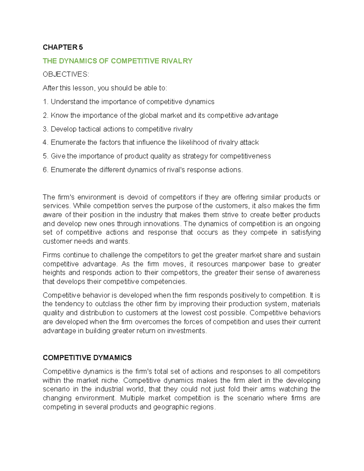 Chapter 5: Dynamics of Competitive Rivalry and Market Strategies - Studocu