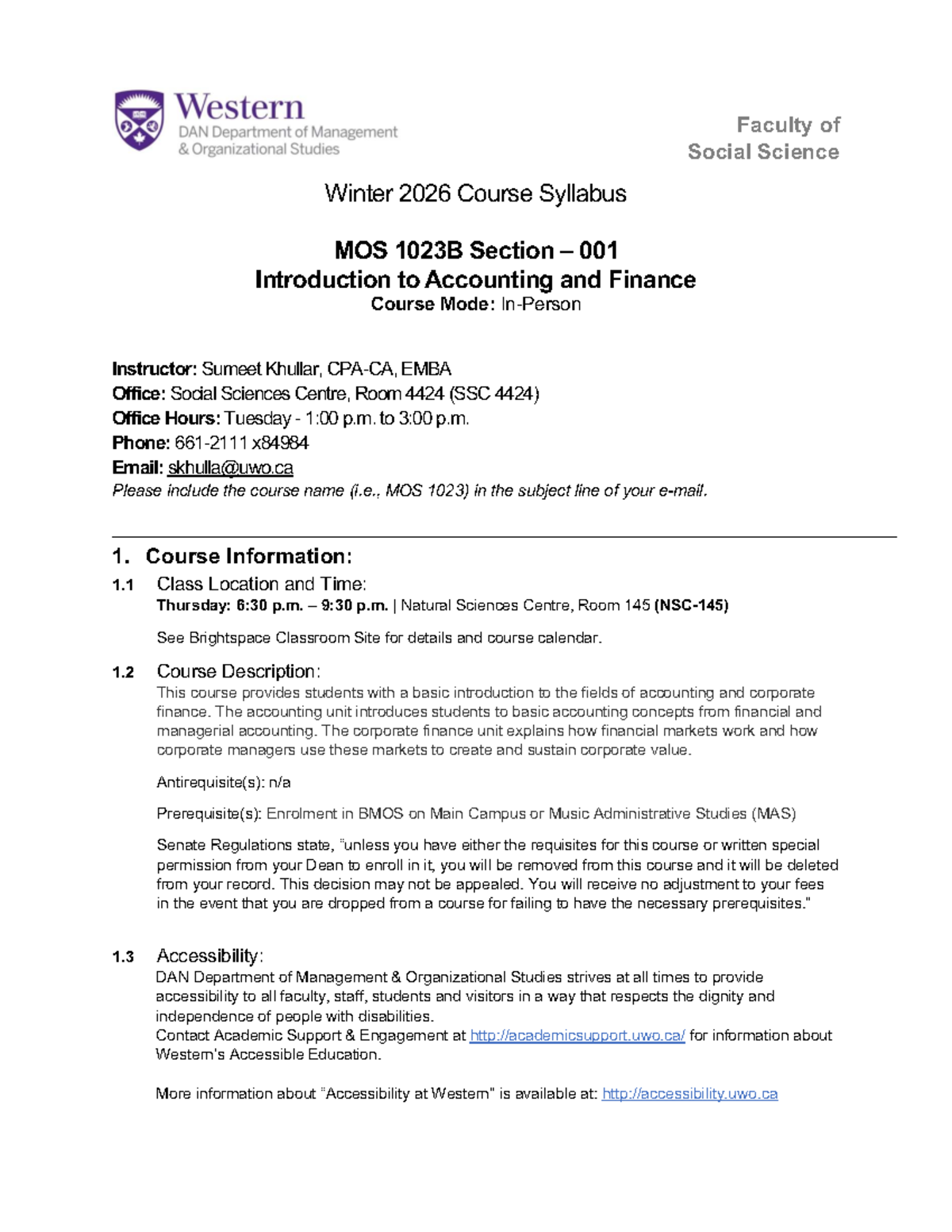 MOS 1023B Section 001: Intro to Accounting & Finance Syllabus Winter ...
