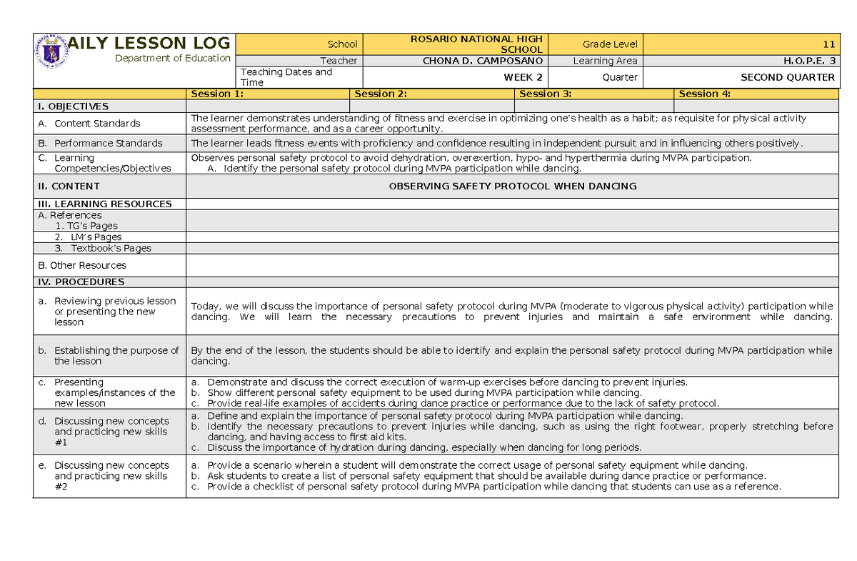 WEEK 2 - SHS 12 PE Daily Lesson Log on Safety Protocol in Dancing - Studocu