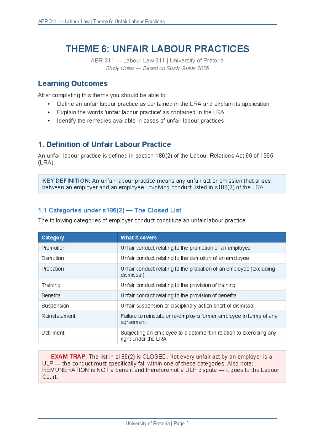 ABR 311 Labour Law Theme 6: Unfair Labour Practices Study Notes - Studocu