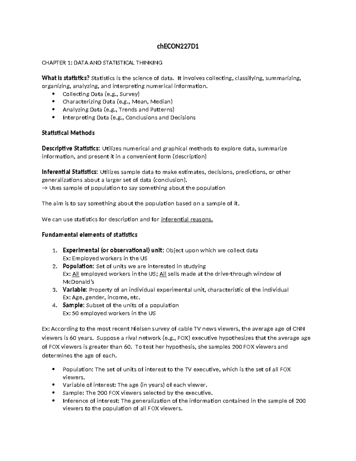 ECON227D1 Chapter 1 & 2: Data, Statistical Thinking & Methods - Studocu