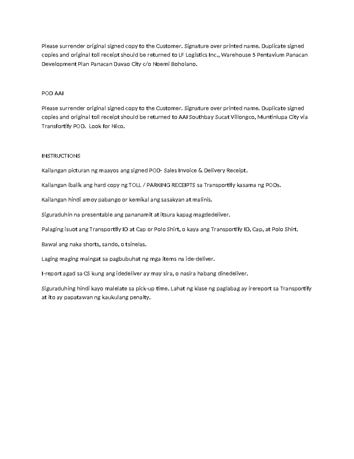 Transportify Delivery Instructions and Guidelines for POD Management ...