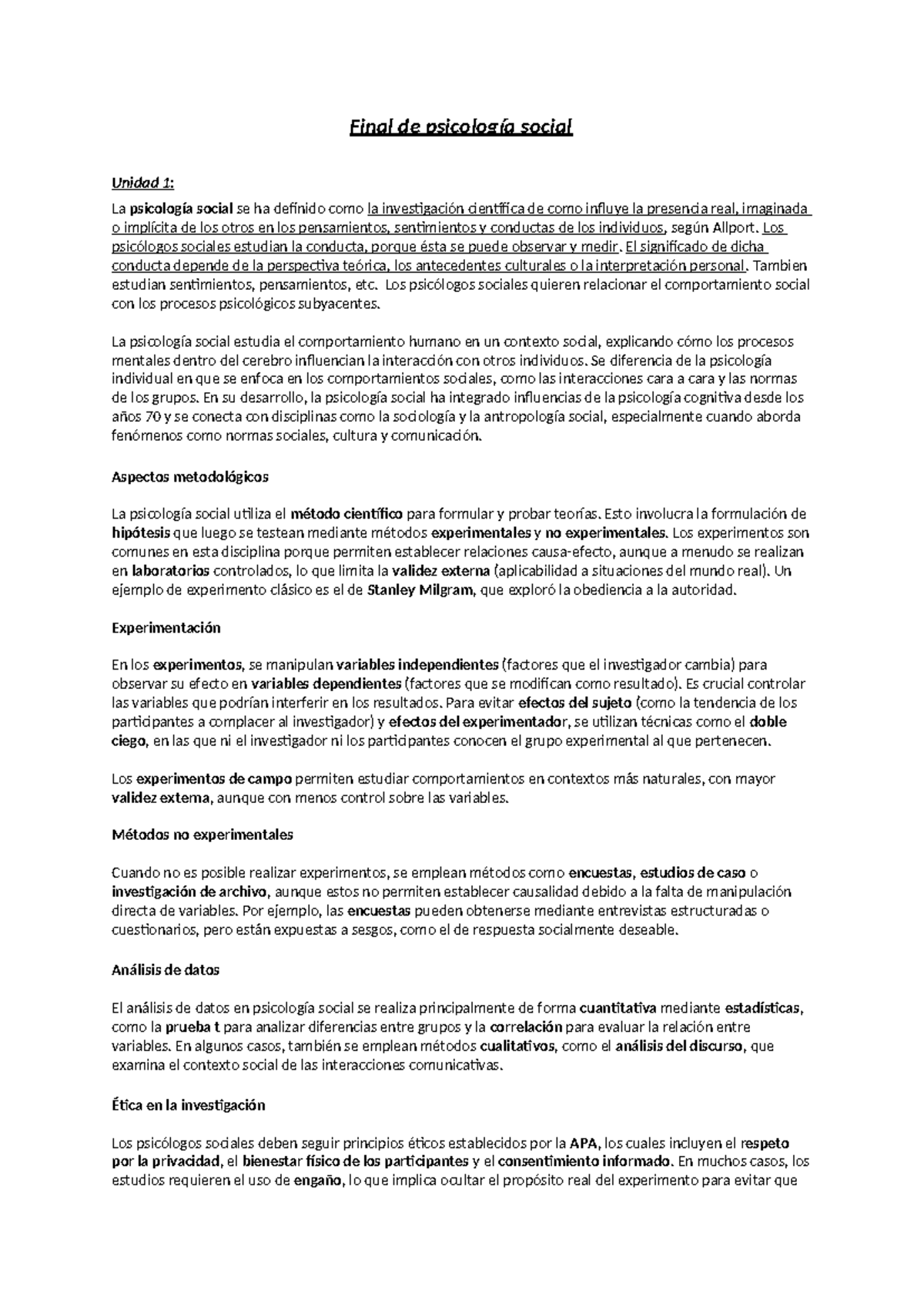 Final Exam Notes: PSIC 301 - Psicología Social - Studocu