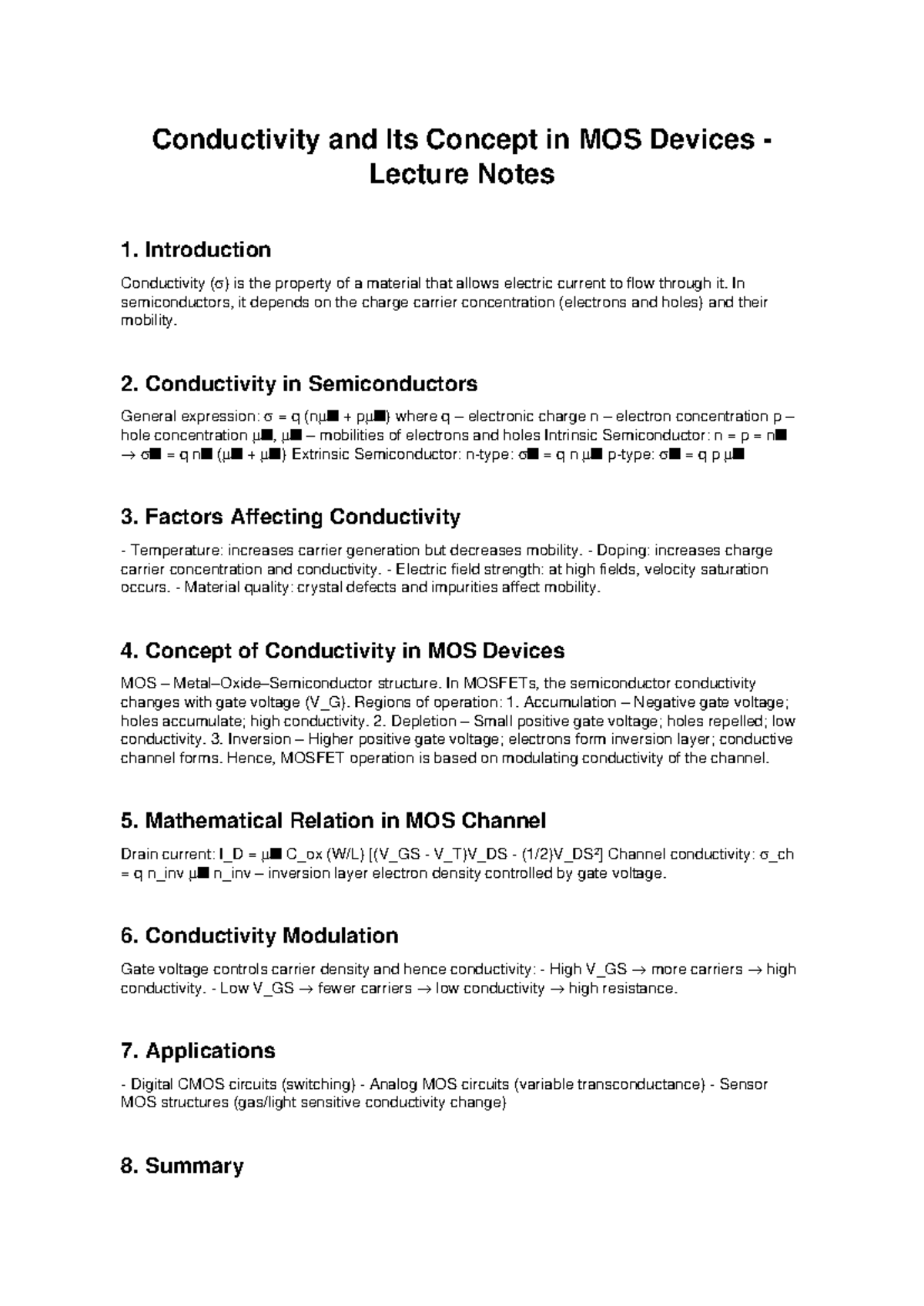 Conductivity and MOS Devices Concept Lecture Notes - Studocu