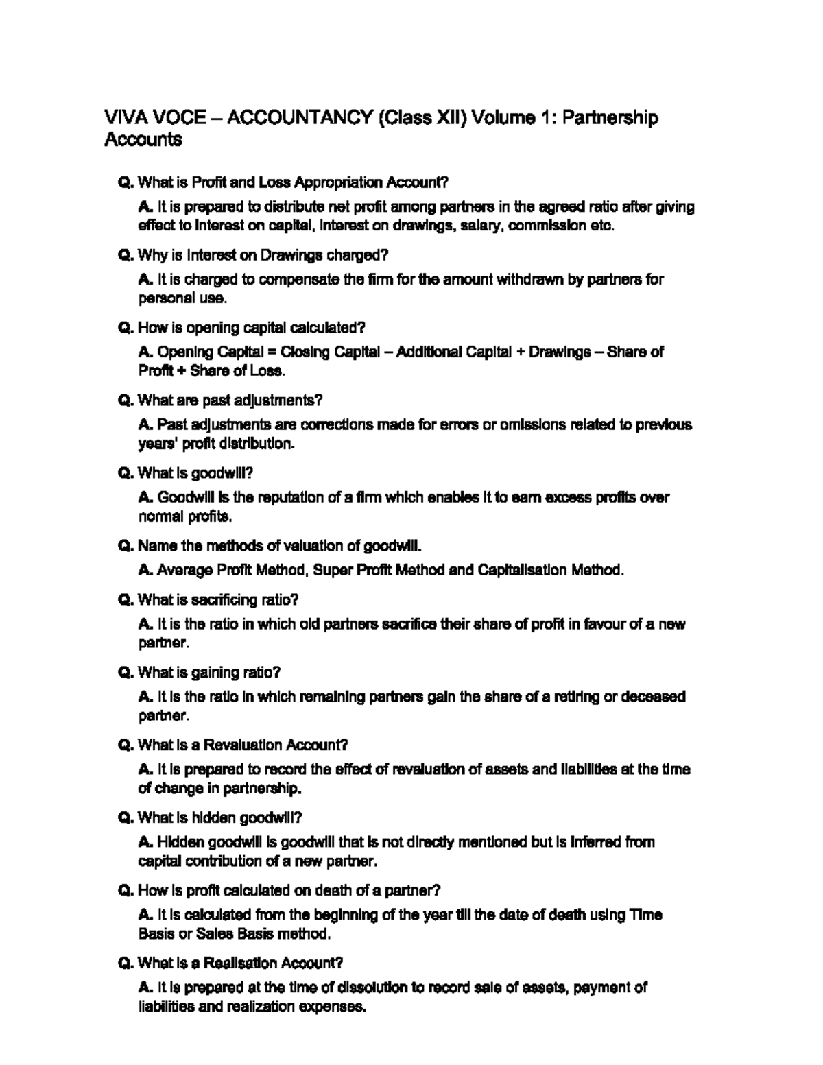 VIVA VOCE ACCOUNTANCY (Class XII) Cheat Sheet: Partnership & Company ...
