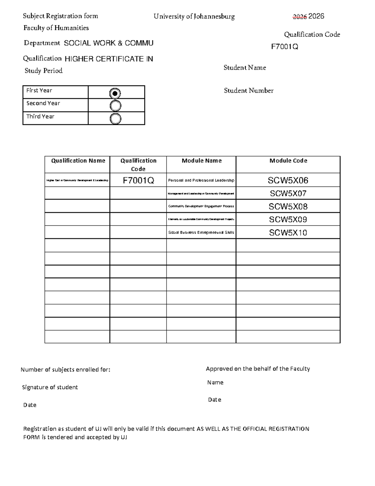 Subject Registration Form for Higher Certificate in Community ...