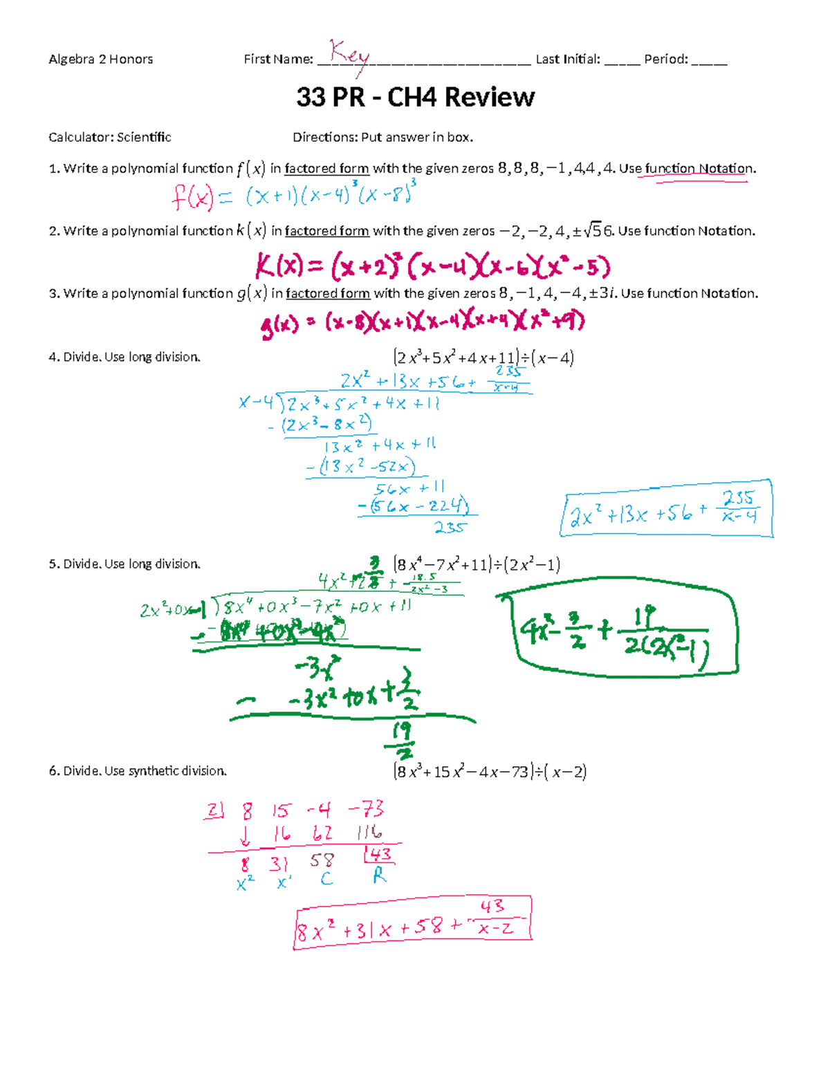 Algebra 2 Honors CH4 Review Key: Factoring & Polynomial Functions - Studocu