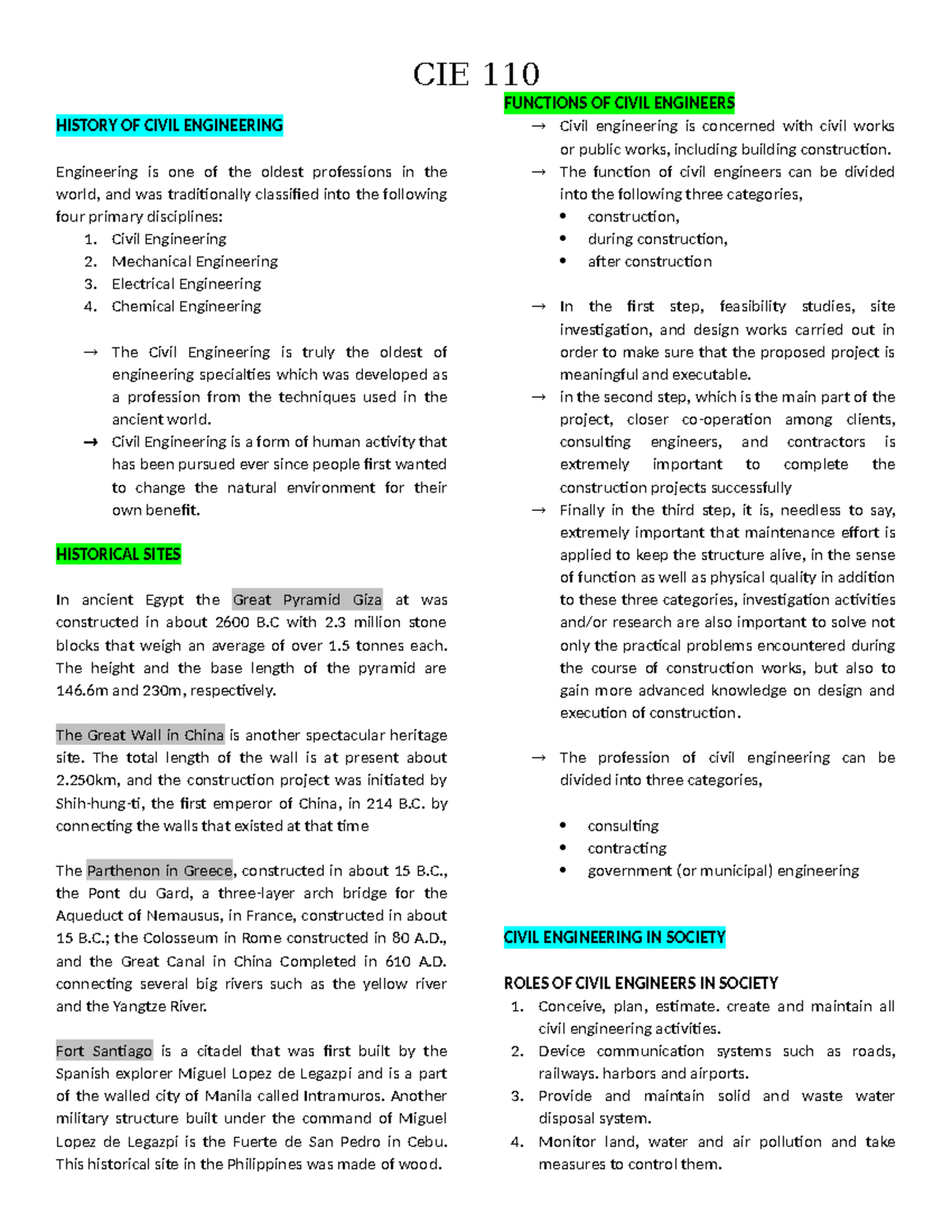 CIE-110-1 - History and Functions of Civil Engineering - Studocu
