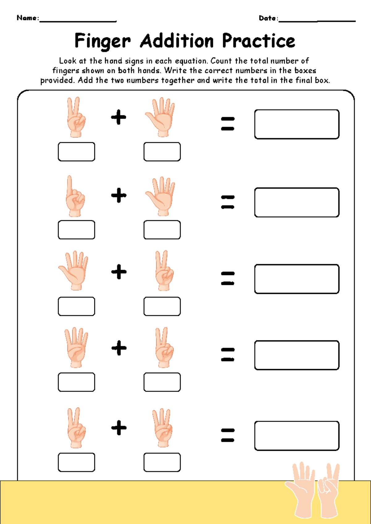 Finger Addition Practice - Kindergarten Worksheet - Name: Date ...