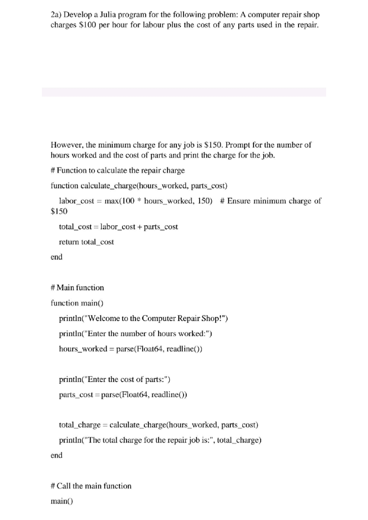 Julia Programming Assignments: Functions for Repair Charges, Pay, and ...