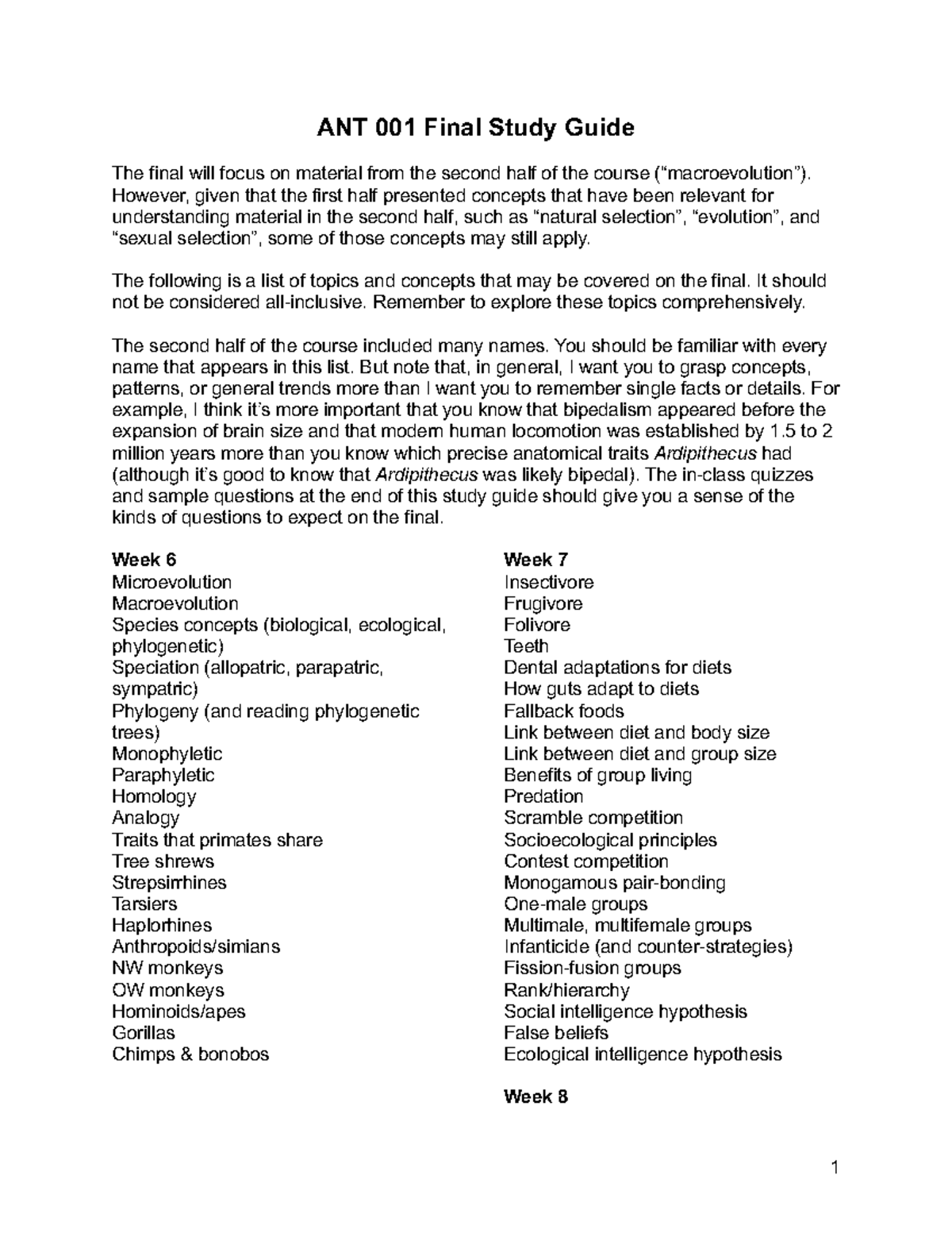 ANT 001 Final Exam Study Guide: Key Concepts & Topics - Studocu