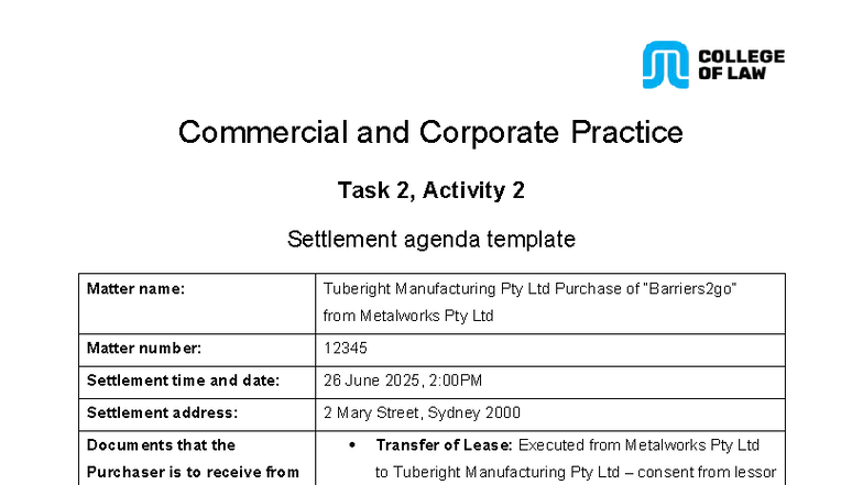 CCP T2 A2 Settlement Agenda Template for Tuberight Manufacturing - Studocu