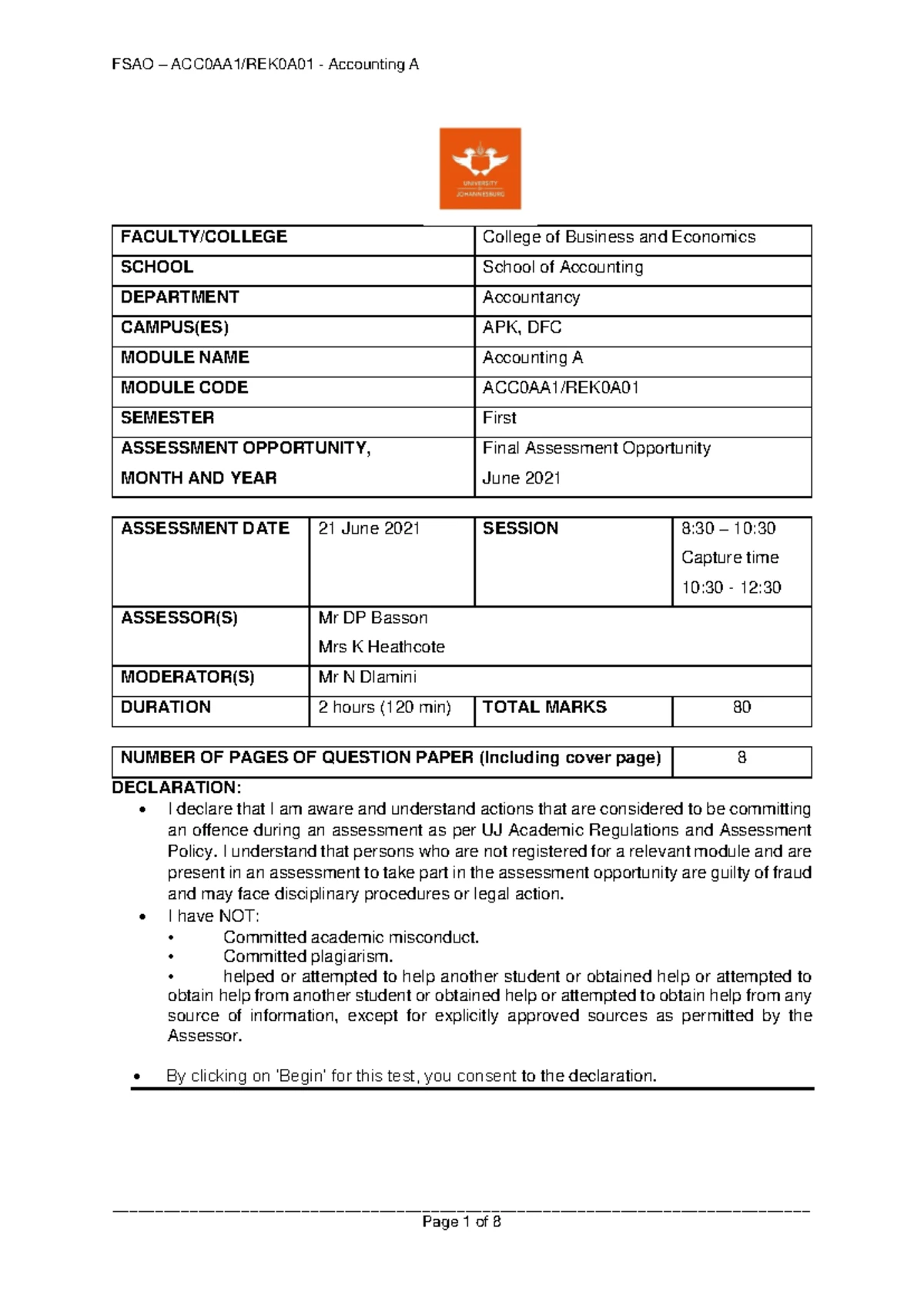 ACC A 2021 Assessment 1 Question paper - - Studocu