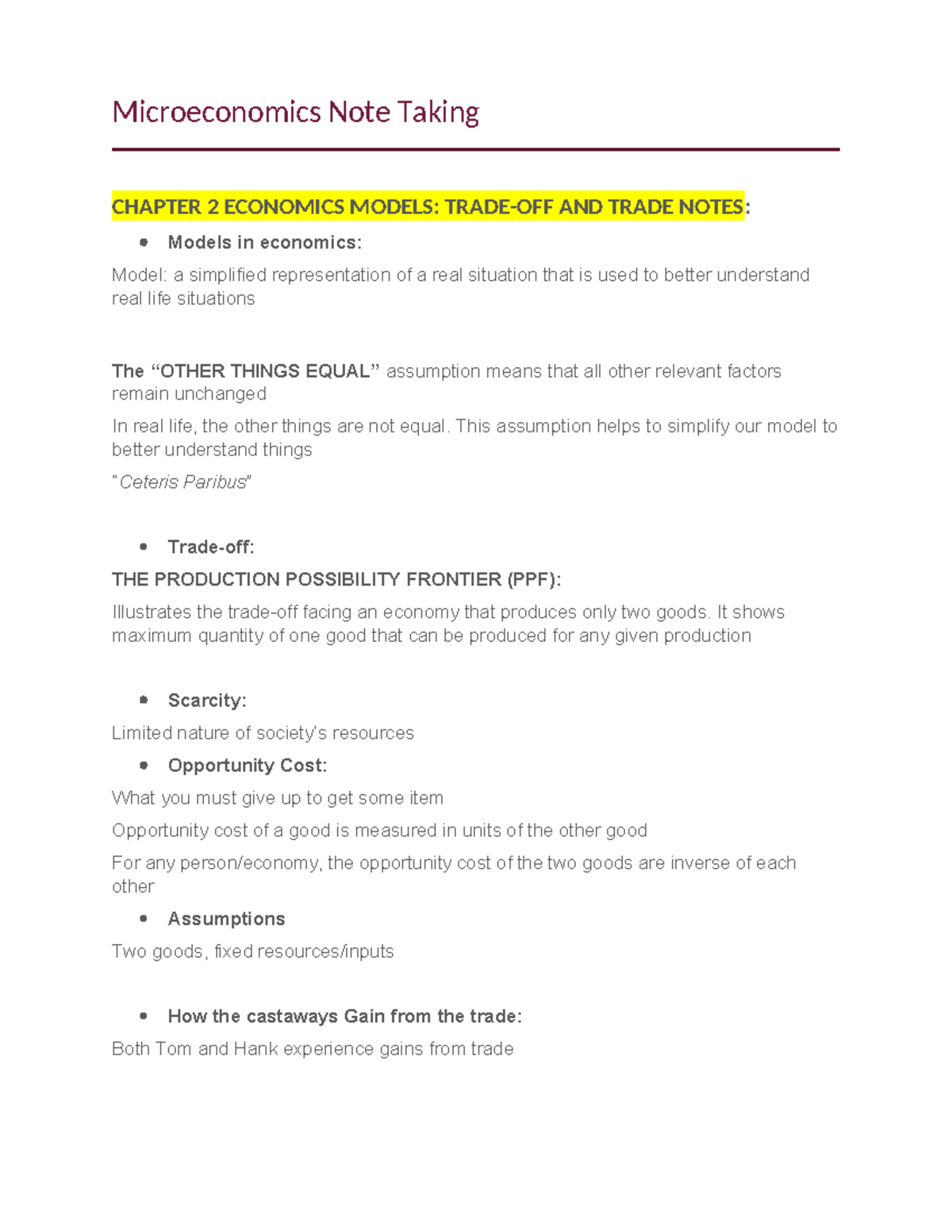 Microeconomics Notes: Chapter 2 - Economic Models & Trade Concepts ...