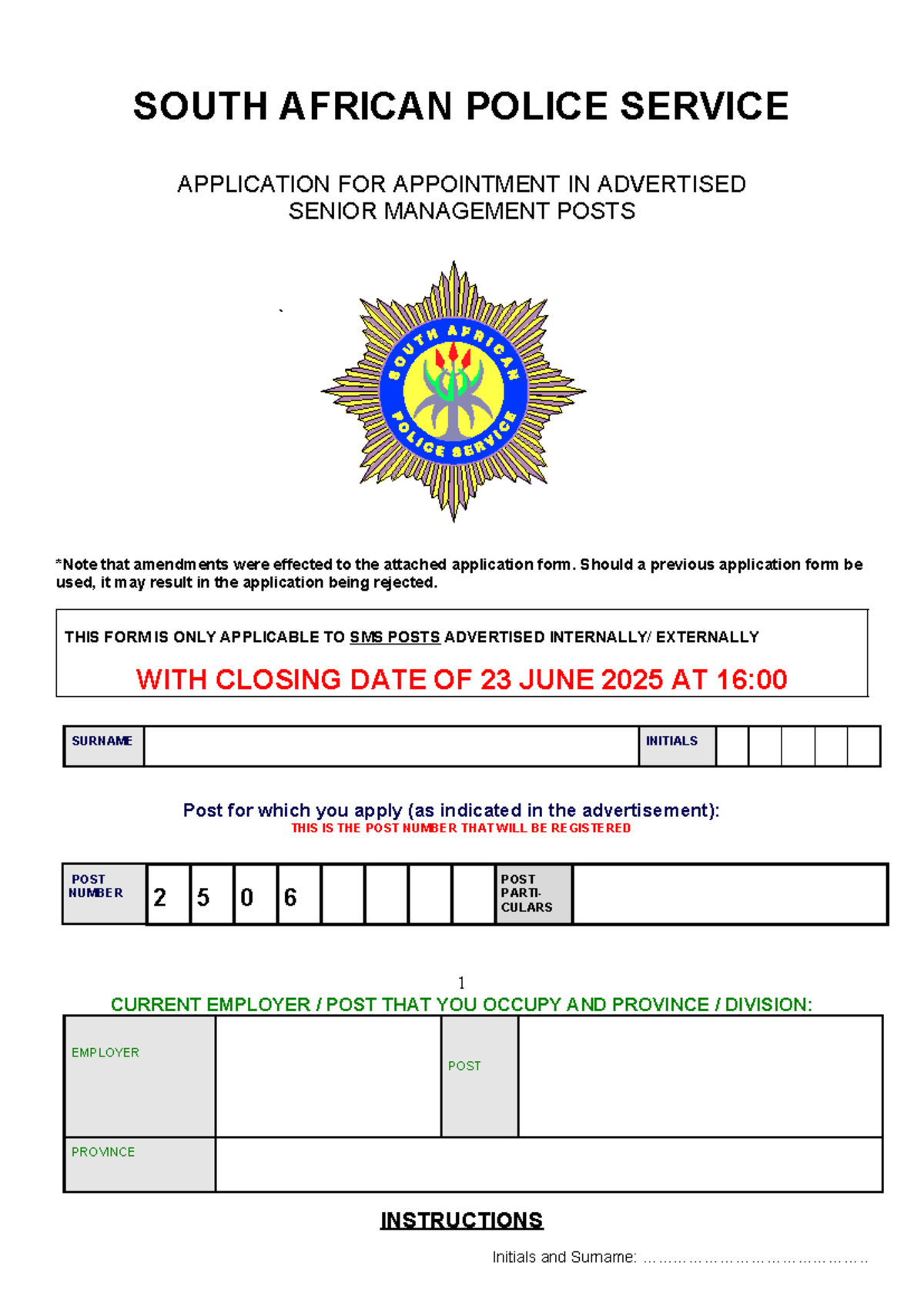 Application Form for SMS Posts in South African Police Service - June ...