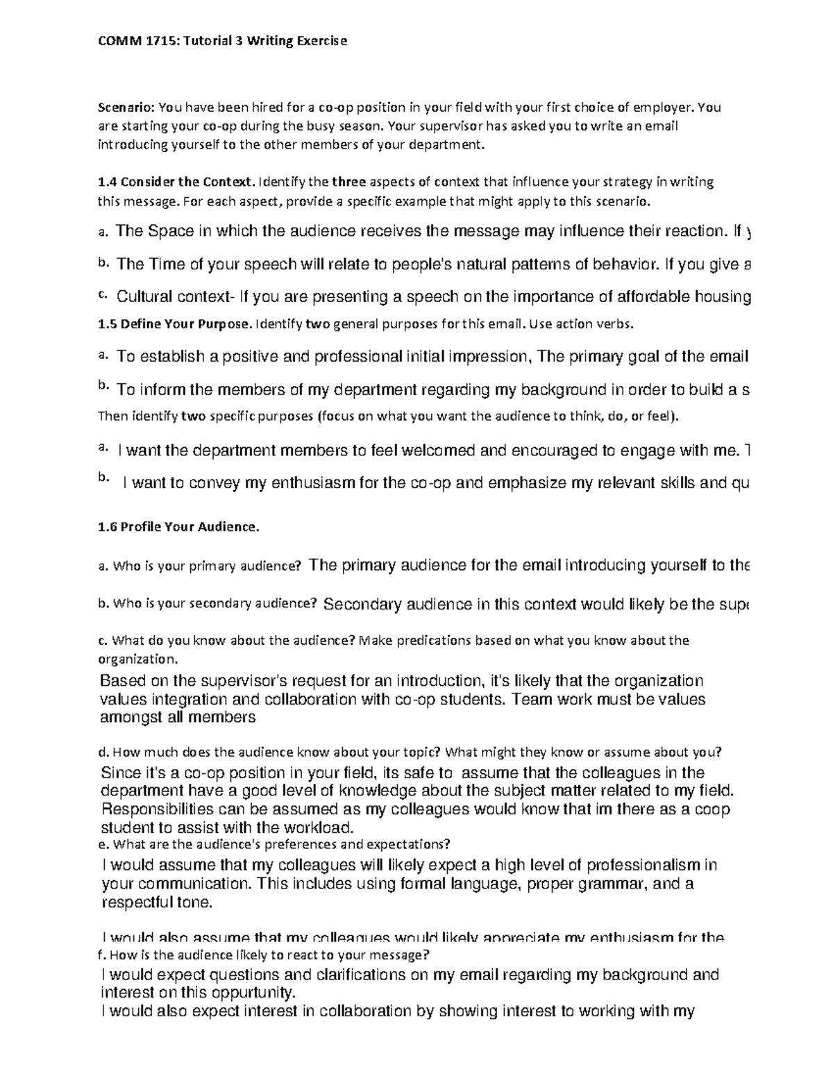 Worksheet tut 3 - COMM 1715: Tutorial 3 Writing Exercise Scenario: You ...