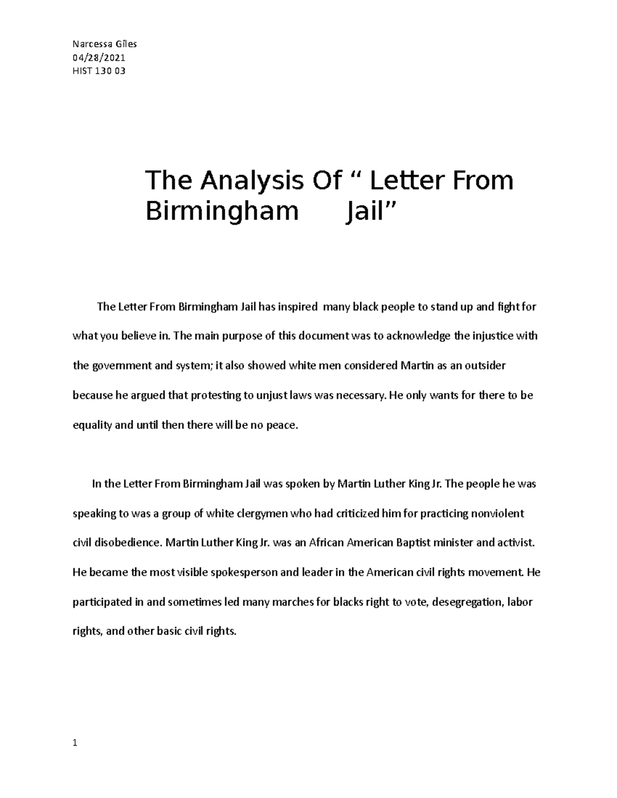 HIST 130 03 - Analysis of "Letter From Birmingham Jail" - Studocu